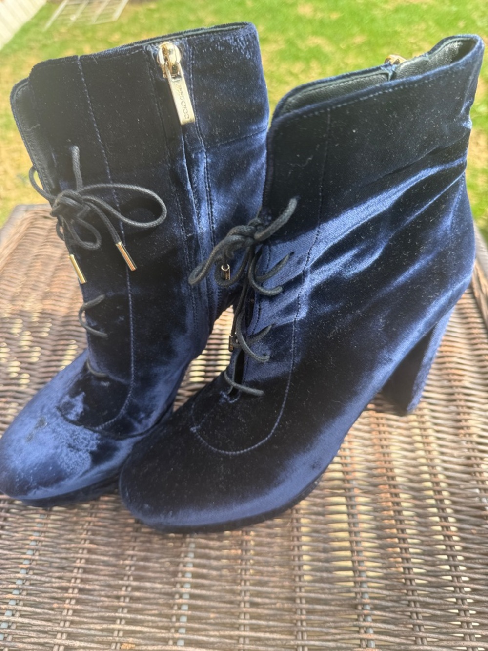 Jimmy Choo Velvet Lace-Up Ankle Boots in Navy and Black with Gold Zippers